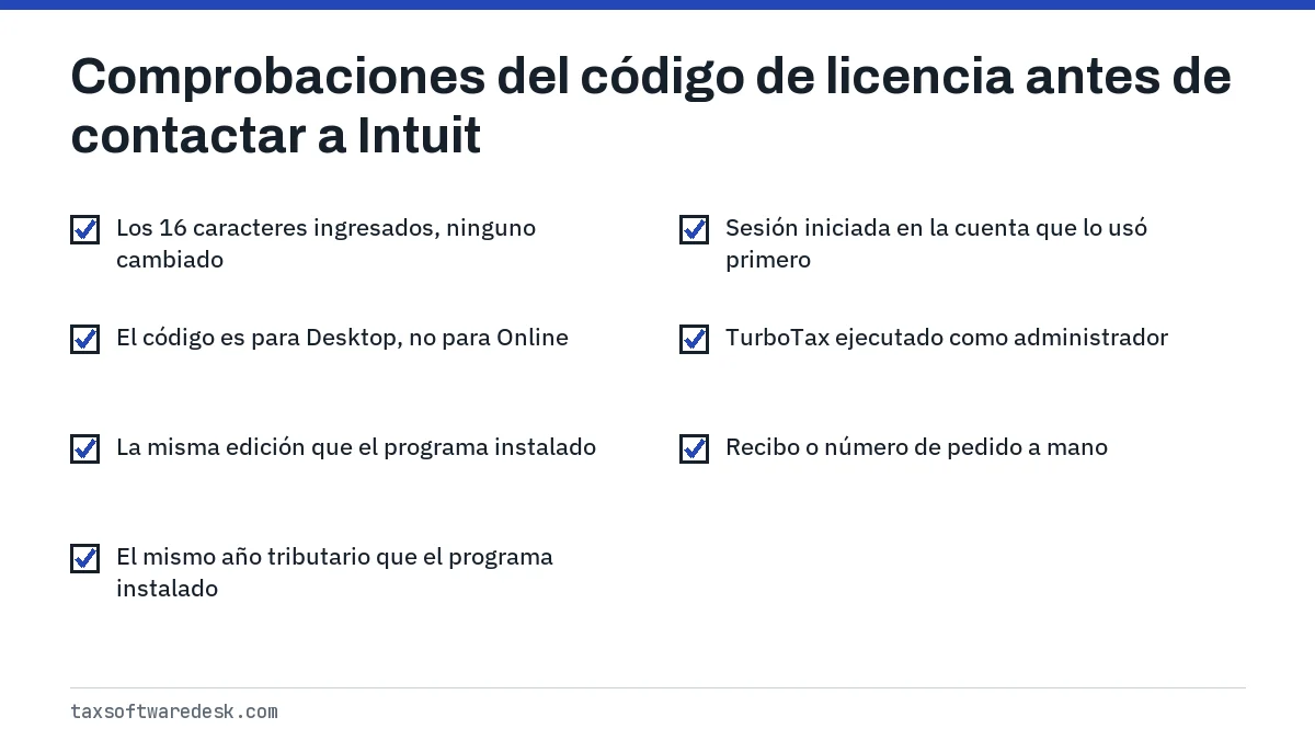 Comprobaciones del código de licencia antes de contactar a Intuit