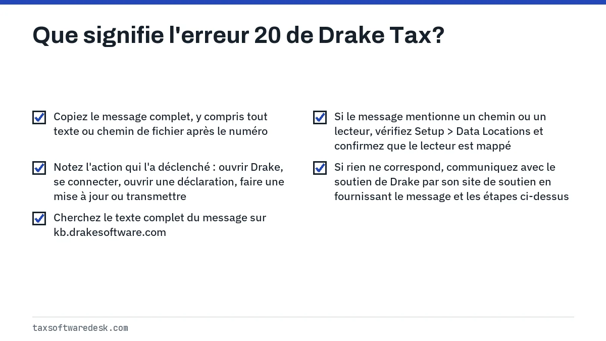 Que signifie l'erreur 20 de Drake Tax?