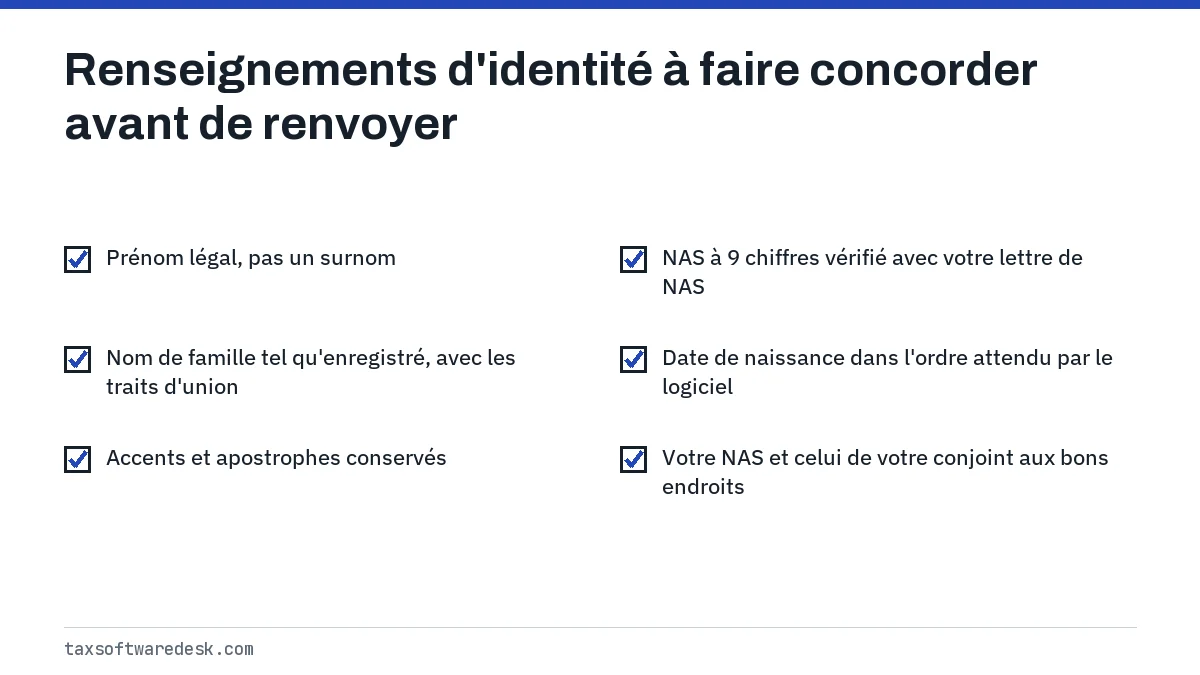 Renseignements d'identité à faire concorder avant de renvoyer