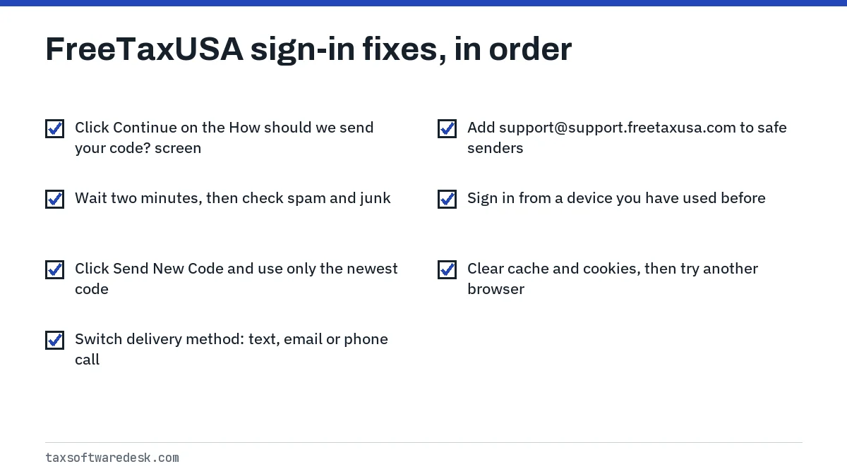 FreeTaxUSA sign-in fixes, in order