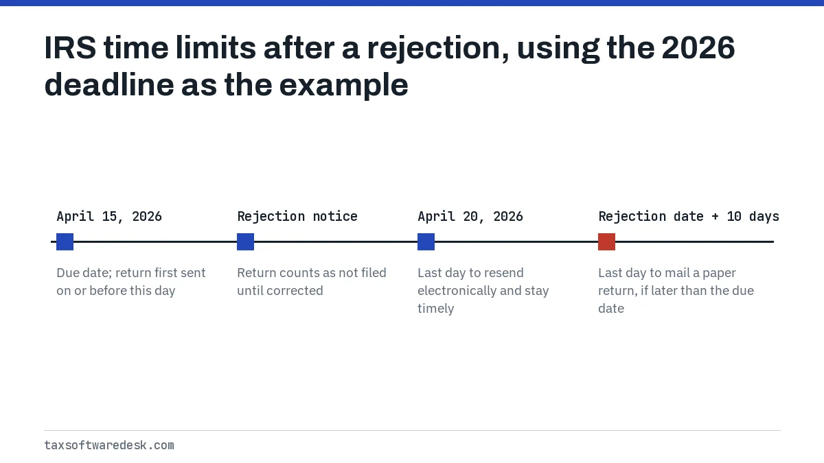 IRS time limits after a rejection, using the 2026 deadline as the example