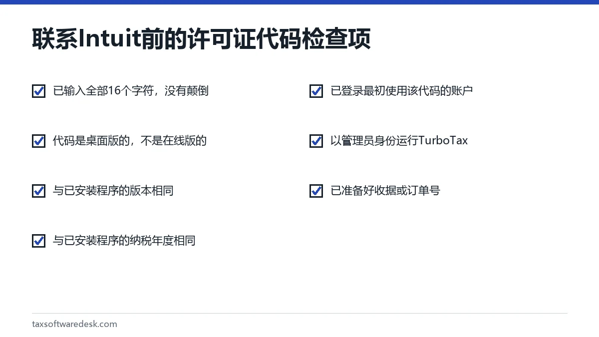 联系 Intuit 前的许可证代码检查项