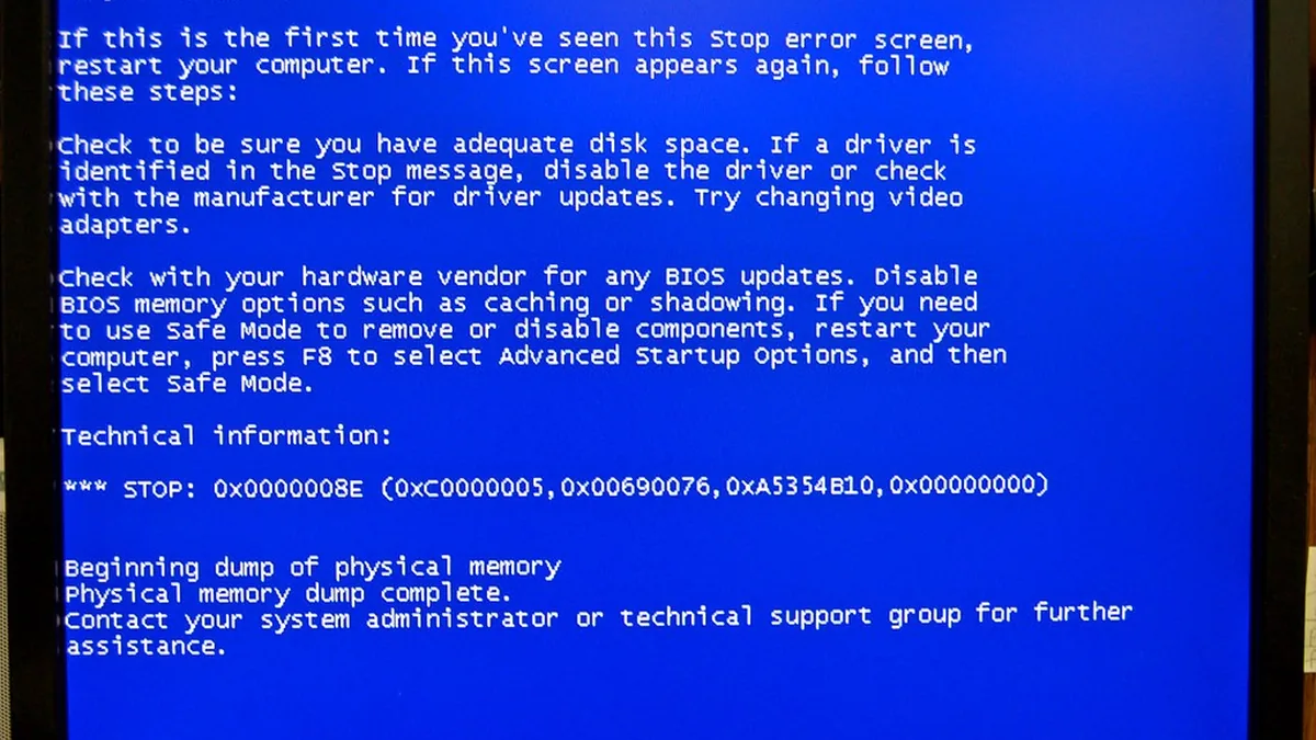 A Windows stop error screen, commonly called a blue screen of death
